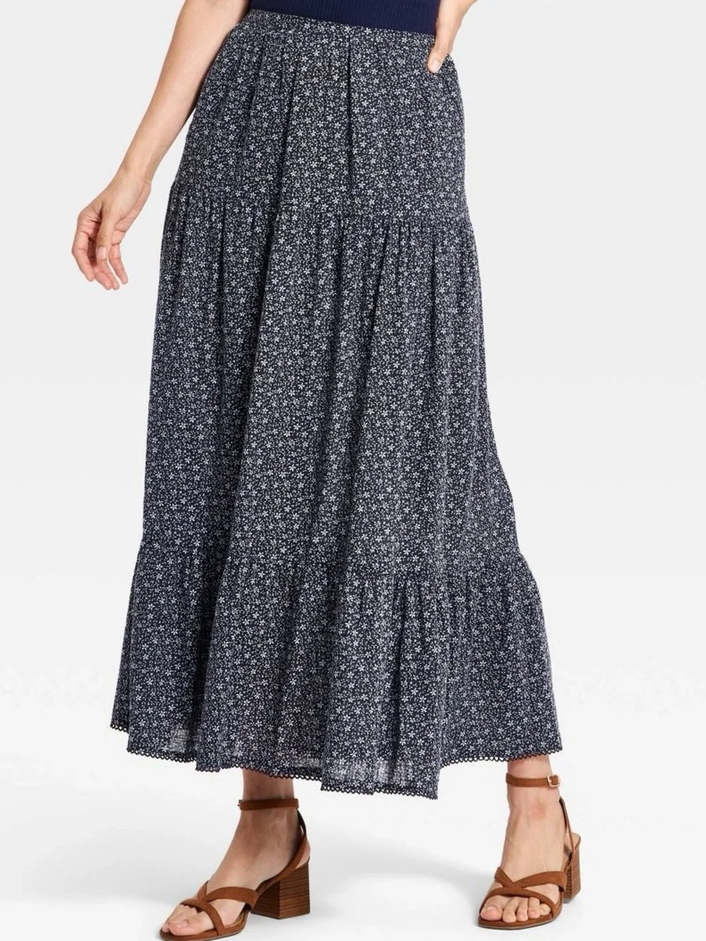 Universal Thread Navy Micro-Print Tiered Maxi Skirt